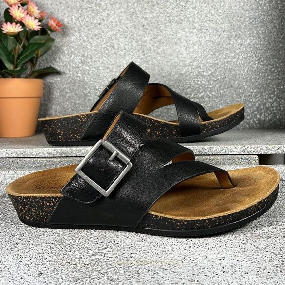 COMFORTIVA GEARY FOOTBED SANDALS black Leather Shoes Size 6.5 - Picture 1 of 9